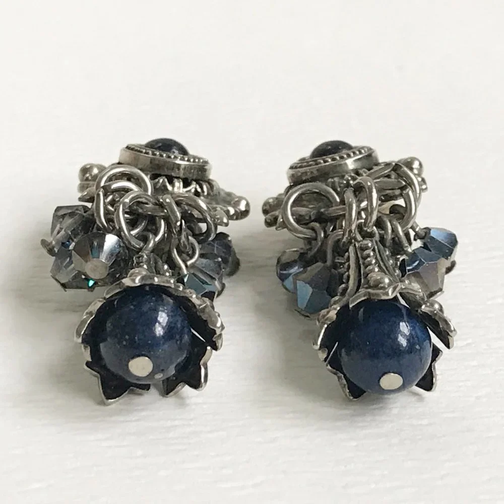 Vintage Sorrelli Silver Tone Blue AB Cha Cha Dangle Clip-On Earrings - Picture 3 of 5